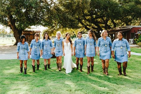 Denim Wedding Theme, Denim Bridesmaid Dresses, Blue Jean Wedding, Country Western Wedding Dresses, Country Wedding Dresses Bridesmaid, Denim Wedding Dresses, Jean Wedding, Bonfire Wedding, Meghan Wedding