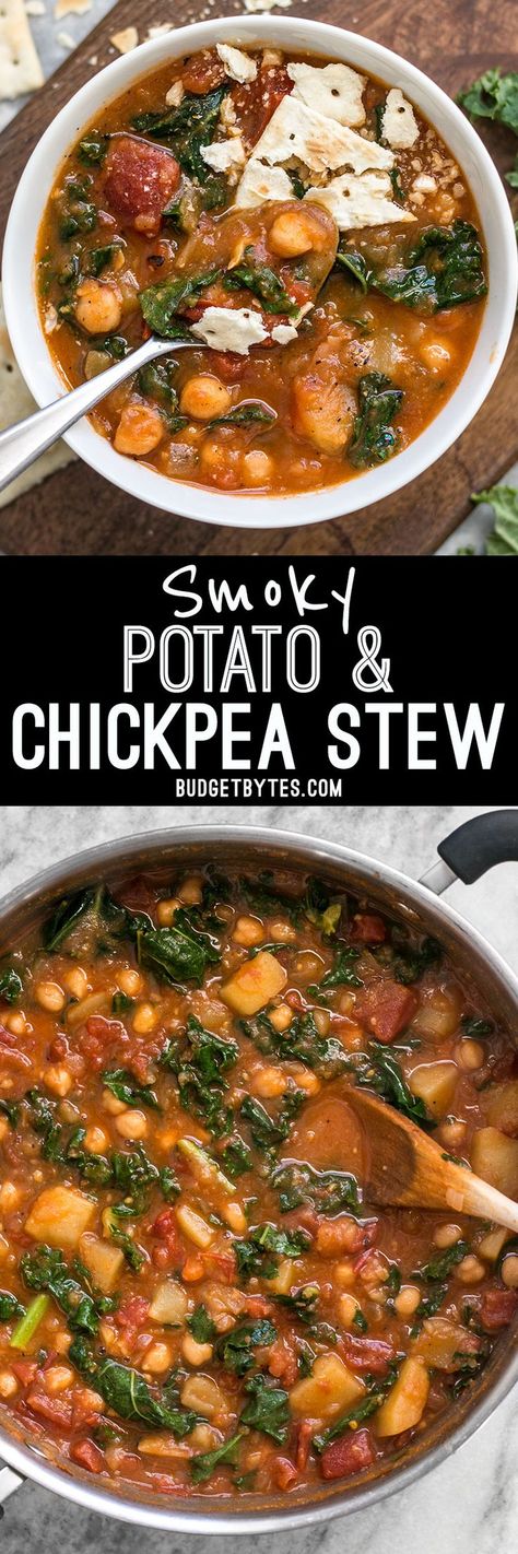 This Smoky Potato Chickpea Stew is a hearty and filling plant-based dish that will keep you full and warm this winter! Chickpea Stew Vegan, Vegan Budget, Potato Chickpea, Budget Bytes, Chickpea Stew, Meatless Meals, Vegan Eating, Stew Recipes, Vegan Dinners