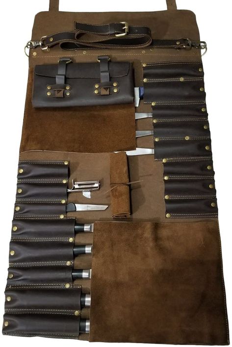 Professional Chef Lightweight Genuine Premium Dark Brown Leather Chef Knife Bag/Knife Roll 16 Pockets Space *KB03: Amazon.co.uk: Kitchen & Home Knife Roll Bag, Leather Knife Roll, Chef Bag, Chef Knife Bags, Leather Tool Roll, Leather Working Projects, Leather Wrist Cuff, Knife Bag, Knife Roll