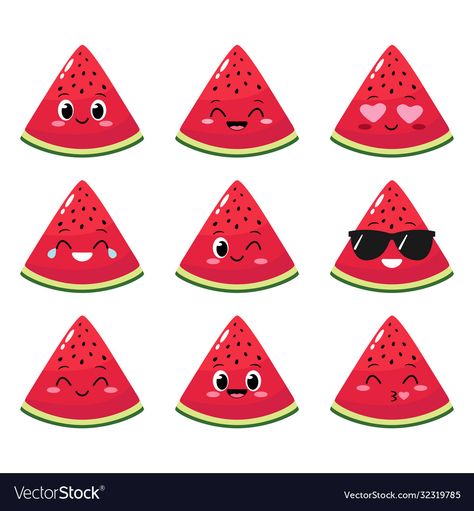 Watermelon Illustration Cute, Watermelon Slice Drawing, Cute Watermelon Drawing, Watermelon Emoji, Watermelon Ideas, Cartoon Watermelon, Food Character, Watermelon Cartoon, Watermelon Illustration