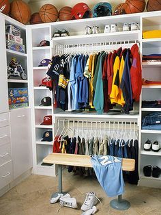 Storing Seasonal Sports Clothing www.addpacetoyourlife.com Teen Closet Organization, Kids Shoe Organization, Teen Closet, Makeup Room Decor Small Spaces, Closet Room Organizer, Toddler Organization, Organized Closet, Walking Closet, Boys Closet