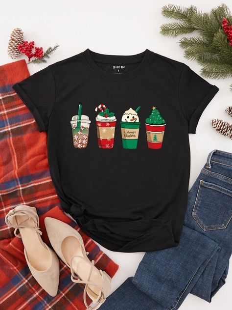 Free Returns ✓ Free Shipping On Orders $49+ ✓. Christmas Print Round Neck Tee- Women T-Shirts at SHEIN. Xmas Tees, Cartoon Black, Round Neck Tees, Crew Neck Shirt, Inspiration Mode, Christmas Prints, Graphic Tee Shirts, Christmas Shirts, Black Tee