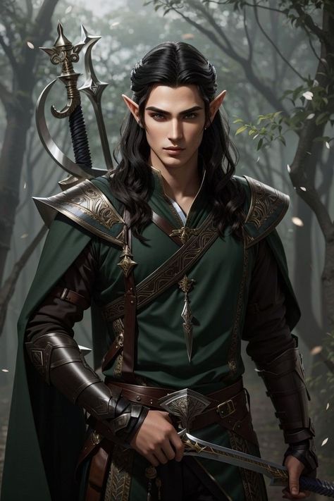 Fae Warrior Male, Elf Characters Male, Black Haired Elf Male, Male Elf Cosplay, Fantasy Elf Male, Male Warrior Fantasy Art, Male Elf Art, Dnd Male Character, High Elf Male