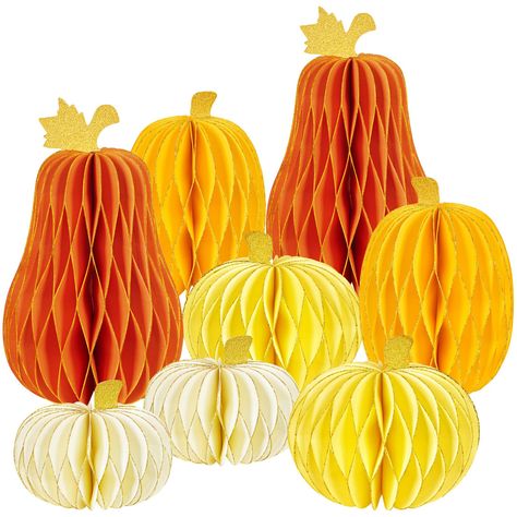 PRICES MAY VARY. 🧡 Exquisite Pumpkin Honeycomb Centerpiece: The exquisite paper honeycomb decoration adopts four classic pumpkin shaped autumn themed color designs, with various shapes and sizes, and unique gold powder decorations around the edges and top leaf areas of the honeycomb, giving it a fresh appearance. 🧡 High quality materials: Our premium honeycomb paper pumpkin is made of high-quality and textured double-sided printed colored adhesive paper, with about 46 layers, making the center Honeycomb Centerpiece, Thanksgiving Baby Shower, Decorations For Halloween, Centerpieces For Tables, Paper Pumpkins, Honeycomb Decorations, Honeycomb Paper, Halloween Autumn, Pumpkin Centerpieces