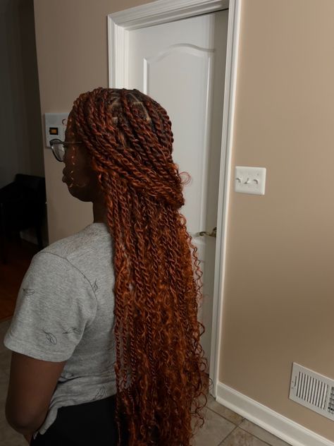 Burnt Orange Passion Twist, Orange Twists Black Women, Boho Island Twists Black Women, Knotless Sengelese Twist, Brown Bohemian Twists, Ginger Passion Twists With Curls, Copper Twists Black Women, Sengalese Twists Honey Blonde, Ginger Boho Island Twist