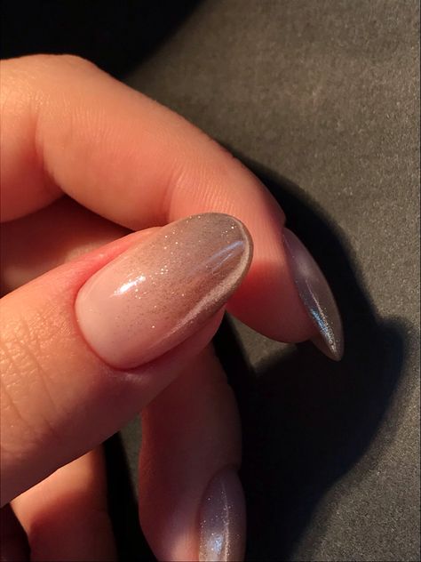 short natural classy nude gel nails with sparkly silver chrome ombre