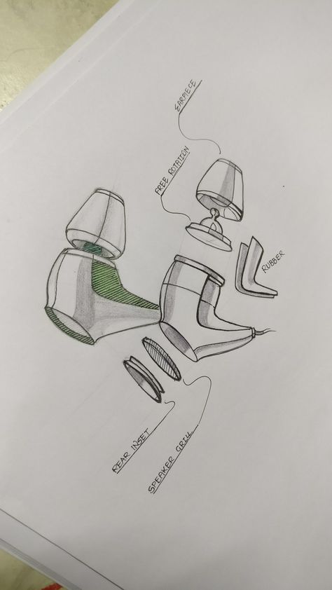 Exploded view of earphones Exploded View Product Sketch, Headphones Exploded View, Exploded View Of Objects, Product Exploded View, Exploded View Product, Exploded View Sketch, Exploded View Drawing, Exploded Drawing, Explosion Drawing