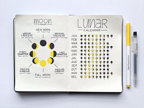 Feeling ready to throw caution to the wind and howl at the moon? Maybe it's the lunar cycle! Many highly sensitive and intuitive people believe their moods, creativity, and hormones cycle with the lunar calendar. Bujo Lunar Calendar, Moon Calendar Design, Lunar Calendar 2024, Bullet Journal Calendar Layout, Moon Cycle Journal, Moon Bullet Journal, 2023 Journaling, Cycle Journal, Calendar Bullet Journal