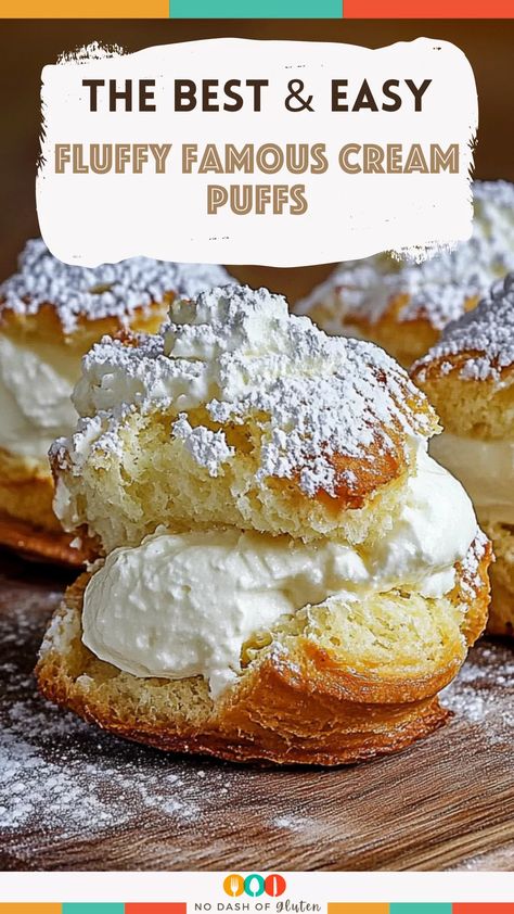 These Fluffy Famous Cream Puffs are a showstopper! With a light, golden shell and a creamy vanilla filling, they’re the perfect dessert for any event. Plus, they’re way easier to make than they look. Impress your friends and family with these simple, delicious cream puffs. Give them a try today! Best Cream Puff Filling, Cream Puff Fillings Ideas, Polish Cream Puff Cake Recipe, Homemade Cream Puffs Easy, Gluten Free Cream Puffs Recipes, Holiday Cream Puffs, Cream Puff Cream Filling, Cream Puff Filling With Instant Pudding, Easy Cream Puffs Recipe