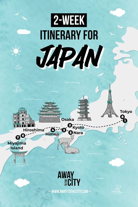 Ultimate 2-Week City Itinerary for Japan First-Timers By Train Japan Travel Map, Travel Itinerary Design, 2 Weeks In Japan, Japan Travel Itinerary, Japan Moodboard, Miyajima Island, Japan Visit, Japan Honeymoon, Illustration Map