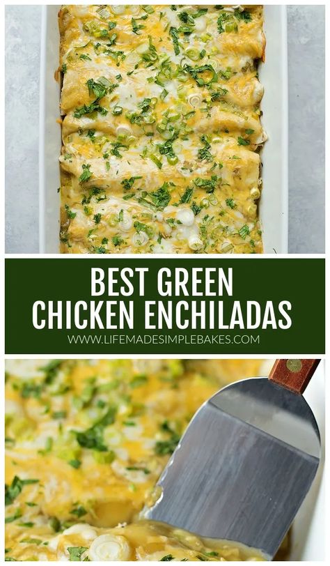 Mom's green enchiladas are always a big hit! They're loaded with seasoned shredded chicken, sour cream, LOTS of cheese, and topped with a green chile sauce. #mom'sgreenenchilada #greenenchiladas #enchiladas #homemadeenchiladas Enchilada Cream Cheese, Turkey Enchiladas Green Sauce, Shredded Chicken Enchiladas Green, Green Chilies Chicken Enchiladas, Enchiladas Chicken Verde, Green Salsa Chicken Enchiladas, Easy Green Chile Chicken Enchiladas, Chicken Enchiladas With Green Sauce Corn Tortillas, Green Chicken Chili Enchiladas