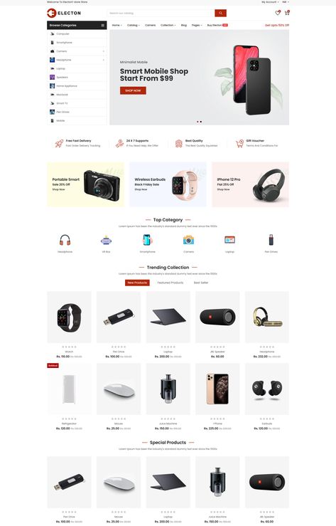 Electon is a fully responsive clean, stunning, and modern design Shopify theme suitable for all types of eCommerce stores like electronics , gadgets , vegetables , organics foods , fashion , and furniture . Electon has multiple features like RTL , Box , and Theme color switch option, Newsletter popup, wishlist , ajax add to cart , sales advertise and many more. Gadgets Website Design, Fashion Web Design, Car Advertising Design, Best Shopify Themes, Shopify Templates, Phones For Sale, Product Animation, Ecommerce Web Design, Color Switch