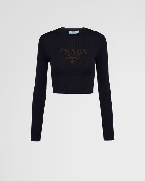 Long sleeves Ribbed knit Slim fit Ribbed knit crew neck Regular shoulder Intarsia logo Logo Women, Silk Sweater, W Logo, Knitwear Women, Long Sleeve Crop Top, Ribbed Knit, Prada, Ready To Wear, Knitwear