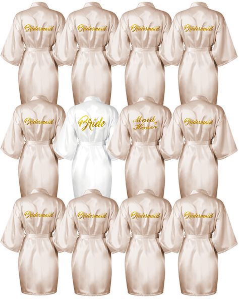 PRICES MAY VARY. Complete Set: our 12 pieces robe set includes 1 white bridal robe, 1 chief bridesmaid robe, and 10 bridesmaids robes; Nice for any wedding party Elegant Design: our robes feature a beautiful kimono style design with a low neckline and belt, and are adorned with eye catching gold glitter; Plus, the words "Bride," "Maid of Honor," and "Bridesmaid" are printed on the back Comfortable Material: made from lightweight, breathable polyester, our robes are soft to the touch and won't wr Bridesmaid And Bride Robes, Wedding After Party Sweatsuit, Batchlerett Party, Getting Ready Wedding Outfit, Champagne Bridal Party, Wedding Prizes, Maid Of Honor And Bridesmaid, 10 Bridesmaids, Bridal Party Outfits