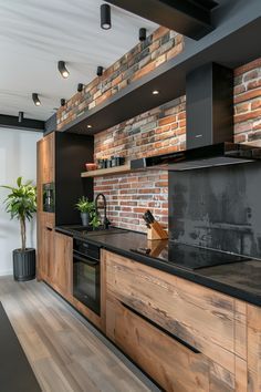 Modern Style Kitchen Design, Wood Effect Kitchen Cabinets, Rustic Wood Home Decor, Rustic Kitchen Interior, Log Cabin Modern Interior, Black And Wood Modern Kitchen, Modern Cabin Interior Kitchen, Rustic Modern Design, Stone And Wood Kitchen