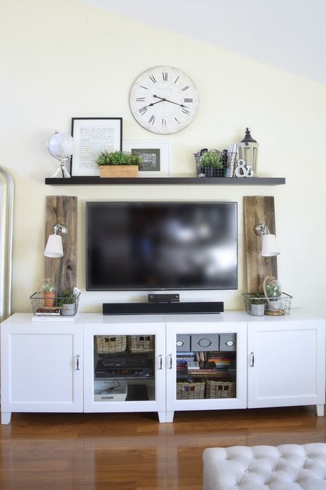 Clock On Tv Wall, Shelf Above Tv On Wall, Wall Clock Decor Living Room Over Tv, Clock Above Tv Living Rooms, Shelf Above Tv Decor Ideas, What To Put Above Tv On Wall, Space Above Tv Decor, Clock Over Tv, Decorations Above Tv