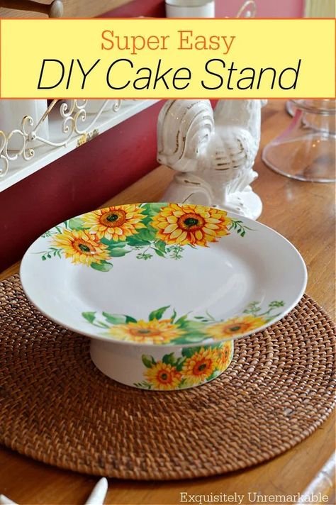 Super Easy  DIY Cake Stand Plate Stand Diy, Cake Stand Decor Ideas Display, Dollar Tree Cake Stand Diy, Diy Plate Stand, Dollar Store Cake Stand, Dollar Tree Cake Stand, Diy Cake Stand Dollar Store, Cake Stands Diy, Madrigal Dinner