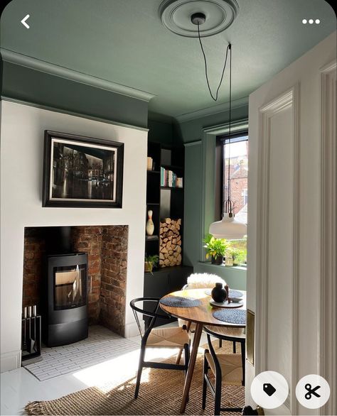 Victorian Living Room Painted Ceiling, Green Living Room Ceiling, Green Ceiling White Walls Living Room, Dark Low Ceiling Living Room, Painting A Ceiling Colour, Colour On Ceiling, Dining Room With Painted Ceiling, Living Room With Painted Ceiling, Light And Dark Colour Combinations