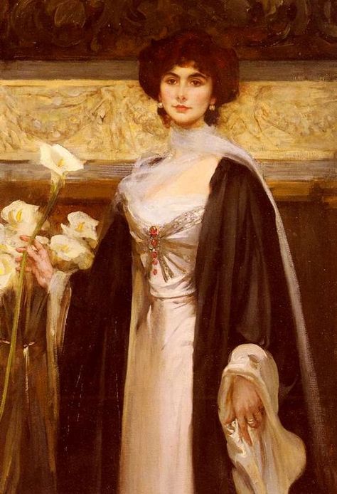 White Lilies (A Portrait Of Baroness Alfred de Meyer) by James Jebusa Shannon (private collection) James Jebusa Shannon, Painting Mountains, Glasgow Museum, Oil Painting Woman, Giovanni Boldini, John Everett Millais, John Singer Sargent, English Art, Lily James