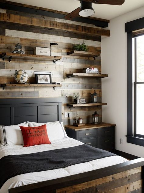 Create a bold and stylish accent wall in a teenage boys bedroom by using reclaimed wood or geometric wallpaper. Add a touch of industrial style with metal shelving units and incorporate sports-themed decor for a personalized touch. Wood Wallpaper Accent Wall, Bedroom Accent Wall, Teenager Bedroom Boy, Metal Shelving, Metal Shelving Units, Teen Boy Bedroom, Bedroom Accent, Accent Wall Bedroom, Wallpaper Accent Wall