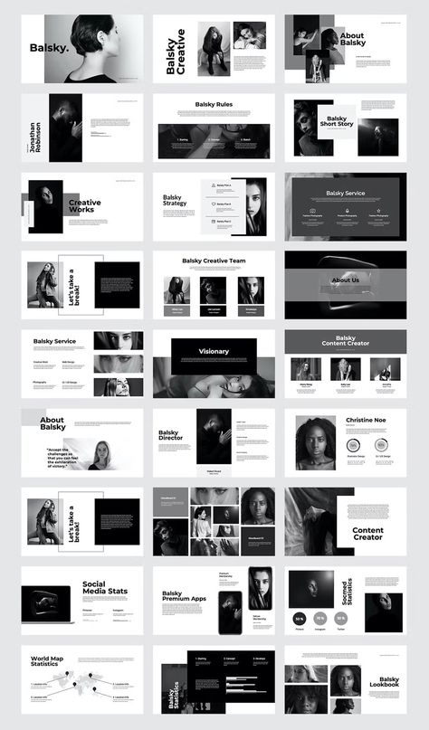 Modern Photography Powerpoint Template. 30 Unique Slides. Brutalist Powerpoint, Modern Slide Design, Graphic Design Portfolio Layout Template, Layout Presentation Design, Modern Presentation Design, Social Media Manager Website, Photography Powerpoint, Portfolio Powerpoint, Photography Portfolio Template