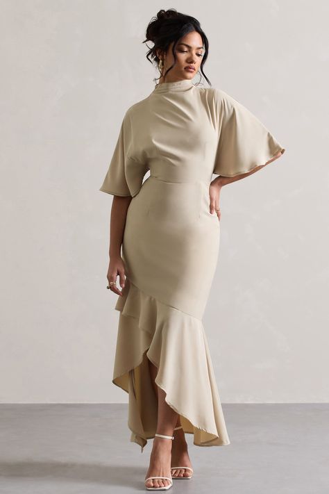 Lavinia | Champagne High-Neck Flutter-Sleeve Asymmetric Maxi Dress Womens Elegant Dresses, Long Sleeve Flowy Evening Dress, Long Sleeve Taupe Dress, High Necked Dress, Jackie O Dresses Classy, High Neck Fall Dress, Beige Outfit Wedding Guest, Modest Cocktail Dresses, Vintage Dress For Wedding Guest