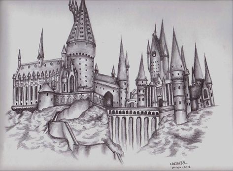 Hogwarts Castle by LeahRosslyn on DeviantArt Hogwarts Castle Coloring Page, Hogwarts Logo Drawing, Hogwarts Castle Drawing, Hogwarts Drawing, Hogwarts Castle Tattoo, Fanart Harry Potter, Hogwarts Tattoo, Harry Potter Sketch, Harry Potter Castle