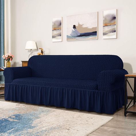 Stretching and comfortable sofa cover with an elegant skirt, make your home look new. Protect your sofa from daily wear and tear, spills, and stains. And it is excellent and suitable for almost all types of sofas. You can easily replace the sofa cover since the elastic band at the bottom of the cover increase the tension when you do the installation. Upholstery Colour: Dark Blue Couch Covers Slipcovers, Skirted Sofa, Sofa Slipcovers, Loveseat Slipcovers, Couch And Loveseat, Antique Sofa, Cushion Sofa, Slip Covers Couch, Sofa Slipcover