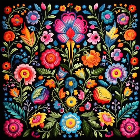 Painted Mexican Flowers, Mexican Floral Embroidery, Mexican Pattern Art, Mexican Designs Pattern, Mexico Folk Art, Mexican Flower Pattern, Mexican Fabric Pattern, Mexican Folklore Art, Mexican Flower Art