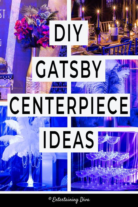 Diy Gatsby Party, Great Gatsby Centerpieces, Gatsby Centerpieces, 20s Party Decor, Roaring 20s Party Decorations, Feather Centerpiece Wedding, Great Gatsby Party Decorations, 20s Party Decorations, Ostrich Feather Centerpieces