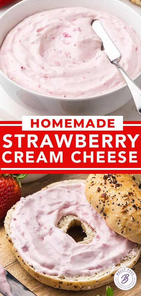 Strawberry Cream Cheese l Belly Full Diy Strawberry Cream Cheese, What To Use Cream Cheese For, Strawberry And Cream Cheese Recipes, Strawberry Cream Cheese Recipes, Strawberry Cream Cheese Icing Recipe, Cream Cheese For Bagels, Bagel Party, Homemade Strawberry Cream Cheese, Cream Cheese And Jam