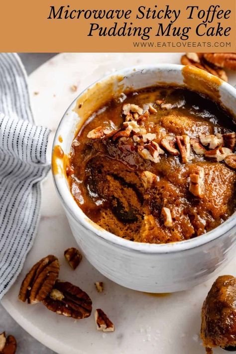 Sticky Toffee Mug Cake, Self Saucing Mug Cake Microwave Recipes, Sticky Toffee Pudding Mug Cake, Self Saucing Mug Cake, Microwave Pudding In A Cup, Microwave Sticky Toffee Pudding, Date Mug Cake, Microwave Self Saucing Pudding, Easy Sticky Toffee Pudding