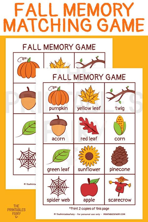 Looking for a fun kid activity for Fall? Get this free printable Fall Matching Game and start having fun with your toddlers and preschoolers. Fall Preschool Counting Activities, Matching Game For Preschoolers, Fall Fun Activities For Preschoolers, Fall Fun Day Preschool, Shape Memory Game, Fall Circle Time Games Preschool, Preschool Fall Language Activities, Preschool Matching Games Free Printable, Autumn Words Free Printable