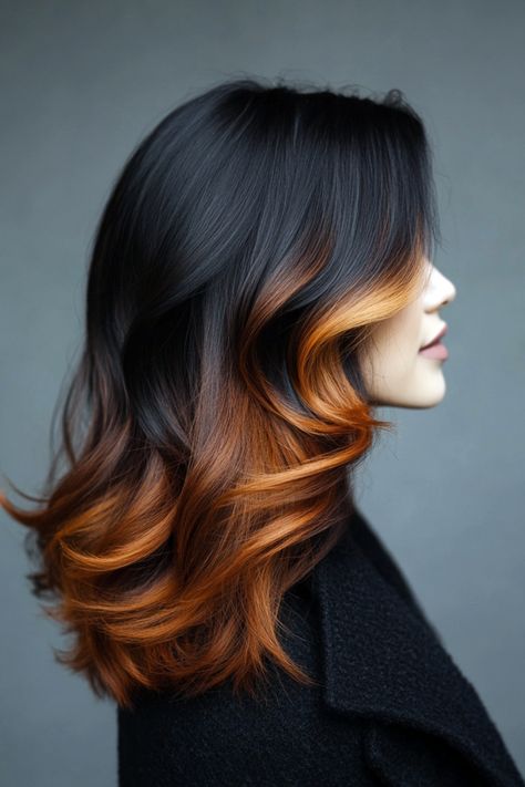 Two-tone hair colors provide brunettes with a creative way to express their look, especially when working with shorter cuts. Warm highlights in shades like caramel or honey create contrast, while cool tones such as silver or pastel hues give an edgy twist. Dip-dye, where the ends are tinted with bold color, or balayage that blends seamlessly, are popular options. This technique adds both dimension and a refreshed appearance, perfect for anyone seeking a new style. Color Blocking Hair Underneath, Unique Black Hair Color, Fall Hair Dye Ideas For Blondes, Black To Auburn Ombre, Alternative Brunette Hair, Color On Tips Of Hair, Copper Dip Dye Hair, Dark Hair Color Inspiration, Copper Color Blocking Hair