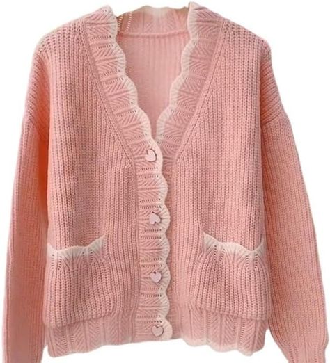 Kawaii Love Button Knitted Cardigan Cute Lace Vneck Open Front Outwear for Women Long Sleeve Aesthetic Sweater (Pink,one Size) at Amazon Women’s Clothing store Long Sleeve Aesthetic, Sleeve Aesthetic, Aesthetic Sweaters, Pink Cardigan, Knitted Cardigan, Inspiration Style, Amazon Women, Pink Sweater, Christmas List