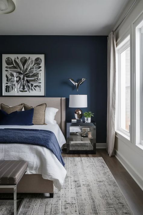 81 Modern Cozy Bedroom Neutral Decor Ideas - TopReviewsAdviser Navy Blue Bedroom Walls, Blue Gray Bedroom, Dark Blue Bedrooms, Blue Bedroom Walls, Blue Headboard, Navy Blue Bedrooms, Blue Bedroom Design, Blue Accent Walls, Blue Bedroom Decor