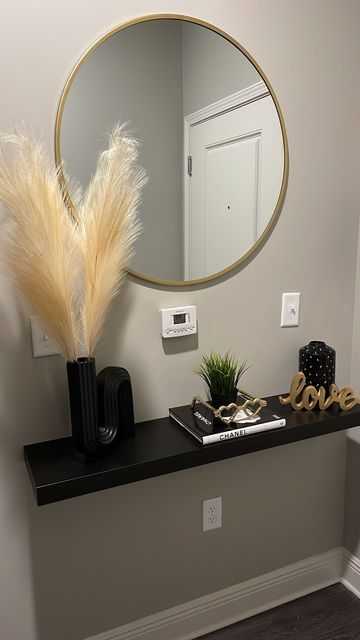 Lack Shelf Decor, Ikea Lack Shelf Ideas, Ikea Deco, Foyer Mirror, Lack Shelf, Ikea Lack Shelves, Golden Mirror, Ikea Lack, Black Shelves