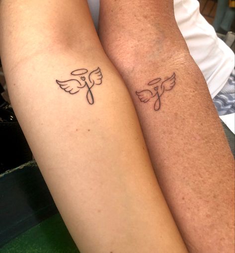 Angel Wings Matching Tattoo, Angel Wings Initial Tattoo Small, J With Angel Wings Tattoo, J Angel Wing Tattoo, Angel Sibling Tattoo, Matching Angel Wing Tattoos, Small Tattoo Ideas Angel, Angel Finger Tattoo, Guardian Angel Tattoo Small