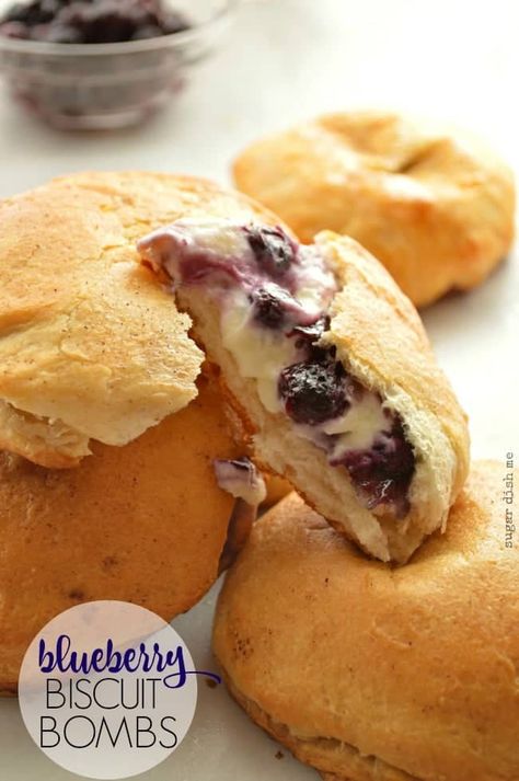 Blueberry Biscuit Bombs Grand Biscuit Recipes, Pillsbury Biscuit Recipes, Mellow Mushroom Pizza, Blueberries And Cream, Blueberry Biscuits, Pillsbury Biscuits, Pillsbury Recipes, Blueberry Pie Filling, Flaky Biscuits