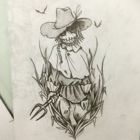 Scarecrow Tattoo, Scarecrow Drawing, Crows Drawing, Autumn Tattoo, Crow Tattoo, Halloween Scarecrow, Person Drawing, Horror Tattoo, New School Tattoo