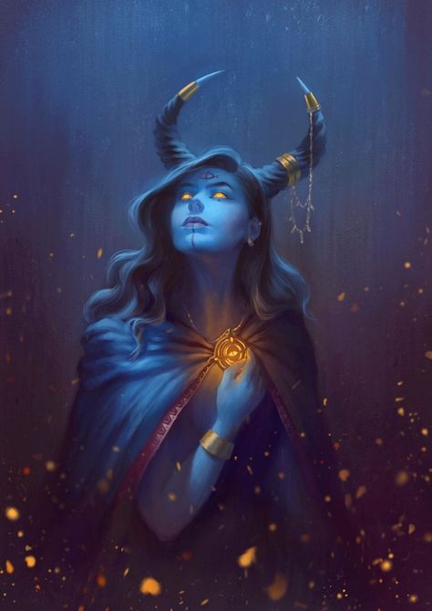 female tiefling sorcerer / oracle / spell caster blue skin and horns - blue and gold theme  DnD / Pathfinder character Blue