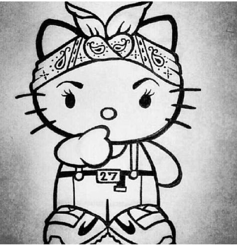 Hello chola kitty;) Kitty Chola, Tatuaje Hello Kitty, Arte Cholo, Hello Kitty Tattoos, Cholo Art, Chicano Drawings, Kitty Coloring, Kitty Images, Hello Kitty Coloring