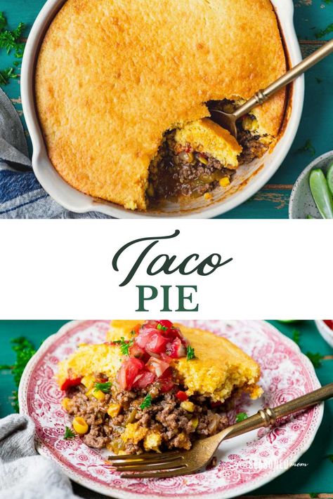 A Mexican-inspired version of chicken potpie, this easy taco pie recipe is a fun twist on a favorite family dinner! Ground beef, zesty seasoning, corn, and peppers are topped with cheese and a cornbread crust for an easy weeknight supper. Easy Taco Pie, Mexican Pie, Cornbread Crust, Taco Pie Recipes, Chicken Potpie, Dinner Ground Beef, Taco Pie, Pineapple Margarita, Easy Taco