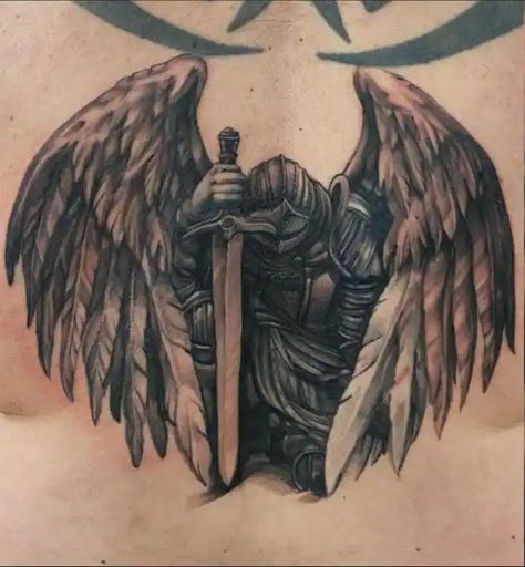 Soldier Angel Tattoo, Viking Angel Tattoo, Guardian Angel Back Tattoo Men, God Protection Tattoo, Double Image Tattoo, Guardian Tattoo For Men, Celtic Angel Tattoo, Arch Angel Gabriel Tattoos, Avenging Angel Tattoo