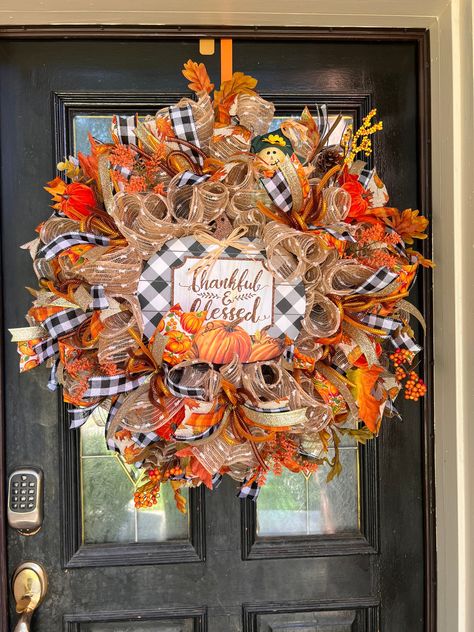 Fall Ribbon Wreath, Thankful Wreath, Ribbon Wreath Diy, Fall Door Decor, Fall Mesh Wreaths, Fall Deco Mesh Wreath, Fall Decor Wreaths, Fall Deco Mesh, Harvest Decor