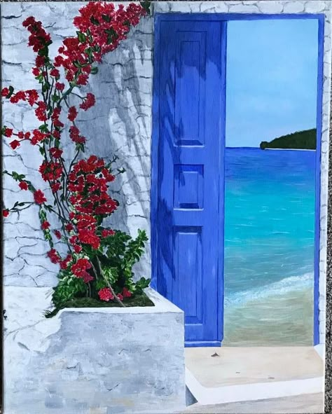 Greek Scenery Paintings, Greece Drawing Simple, Greece Painting Easy, Greek Landscape Painting, Santorini Greece Painting, Greece Painting, Seascapes Art, Modern Art Canvas Painting, Acrylic Painting Lessons