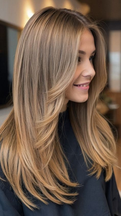 Haircut Styles For Long Straight Hair, Current Bangs Long Hair, Long Hair With Short Layers Straight, Medium Hairstyles For Straight Hair, Haircut Ideas For Medium Hair Straight, Medium Long Layered Haircuts For Fine Hair, Straight Cut With Layers, Haircuts For Fine Long Hair, Medium Long Length Haircut Straight