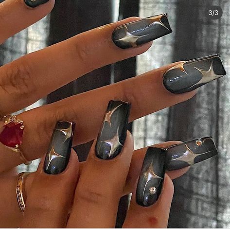 Chrome Star Nails, Chrome Star, Metal Nails, Gothic Nails, Grunge Nails, Her Nails, Classy Acrylic Nails, Exotic Nails, Bling Acrylic Nails