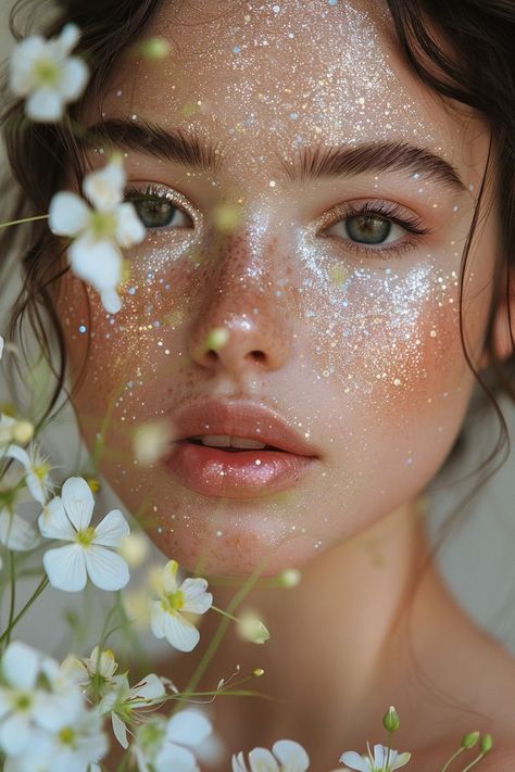 Fairy Glitter & Floral Magic🌸🧚‍♀️ Fairy Core Makeup, Faerie Makeup, Fairy Eye Makeup, Glamour Magick, Fairy Halloween Makeup, Halloween Smink, Labyrinth Ball, Fairy Make-up, Fairy Costume Women