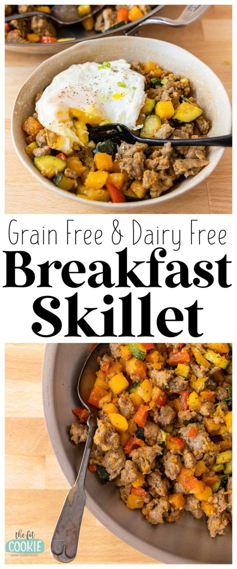 Get ready for your day with this delicious and easy to make paleo breakfast skillet! It's loaded with veggies, complex carbs, and protein. This is made completely egg free as well, but you can serve this with an egg on top for extra protein and healthy fats! | thefitcookie.com #paleo #glutenfree #dairyfree Grain Free Dairy Free Meal Prep, No Dairy Or Egg Recipes, Gluten Free Dairy Free Breakfast, Dairy Free Breakfast, Carbs And Protein, Dairy Free Breakfast Recipes, Protein Options, Egg Free Breakfast, Grain Free Breakfast